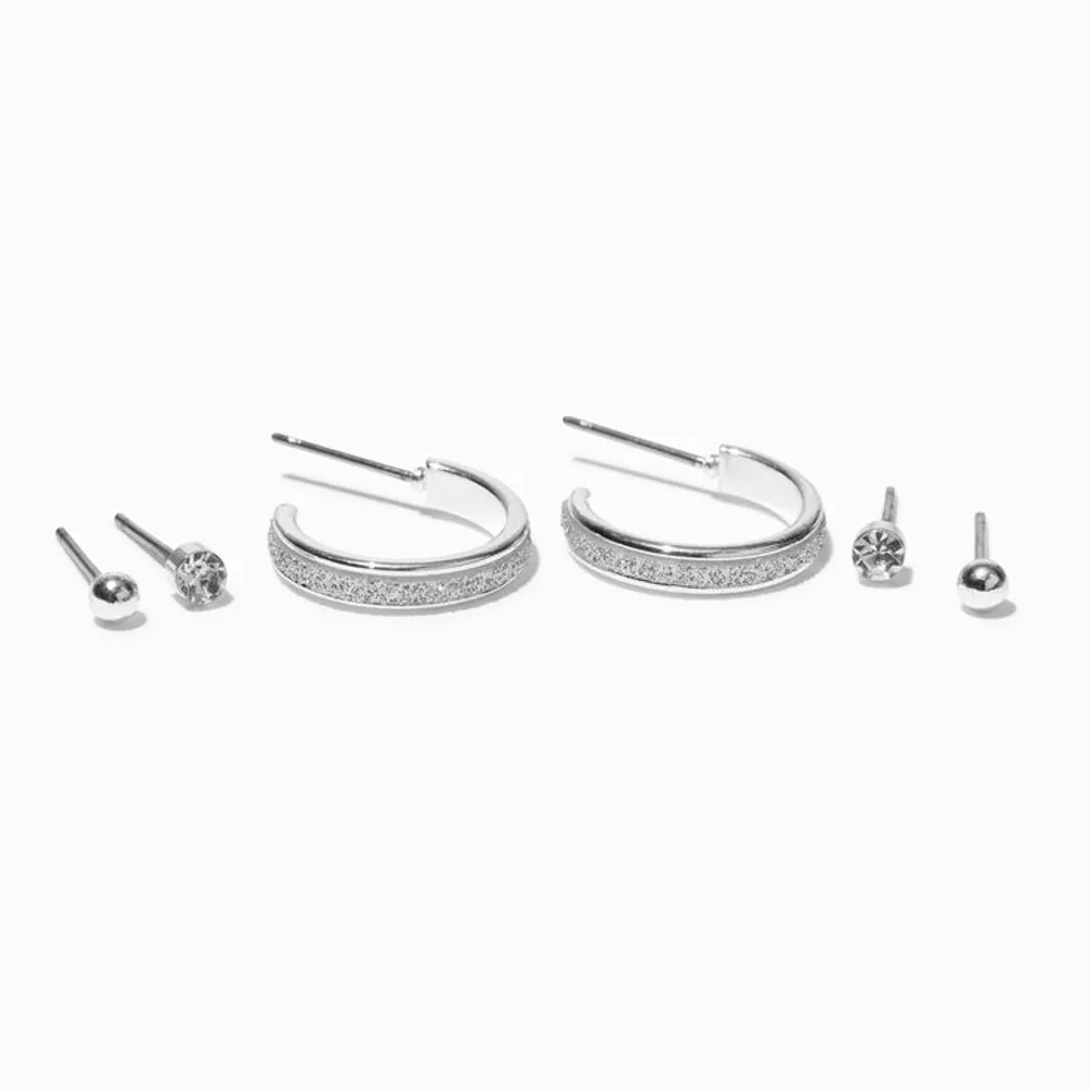 Silver-tone Glitter Hoop Earring Stackables Set - 3 Pack