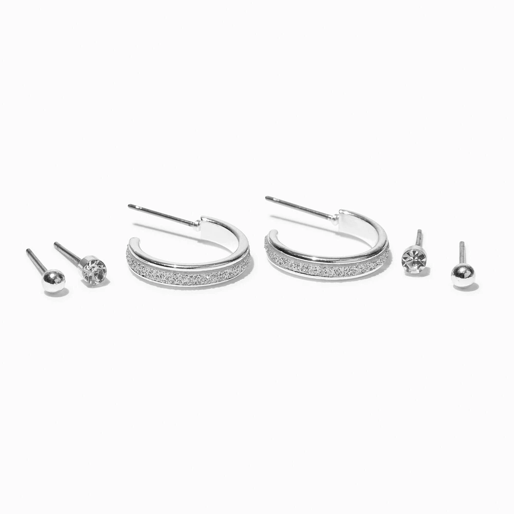 Silver-tone Glitter Hoop Earring Stackables Set - 3 Pack