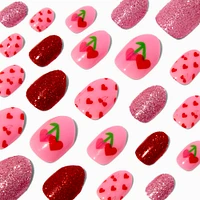 Heart Cherry Valentine's Day Stiletto Press On Faux Nail Set - 24 Pack