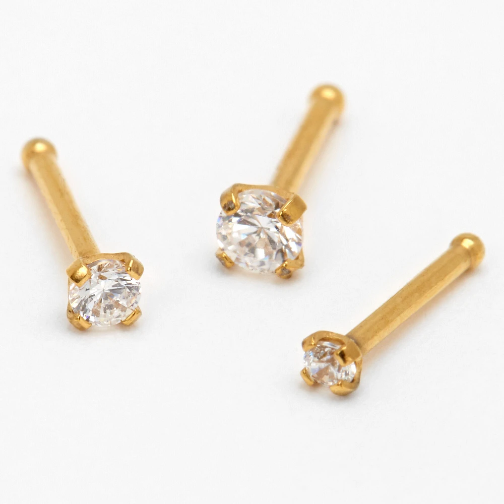 20G Gold-tone Titanium Cubic Zirconia Graduated Nose Studs - 3 Pack