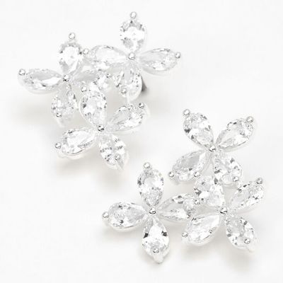 Silver-tone Cubic Zirconia Flower Trio Stud Earrings