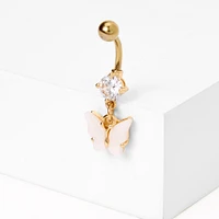 Gold-tone Stainless Steel Cubic Zirconia Butterfly Dangle 14G Belly Bar