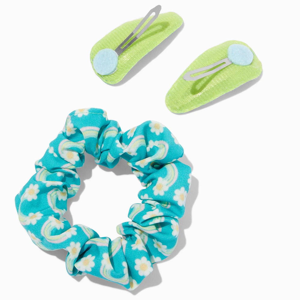 Claire's Club Teal Rainbow Scrunchie & Hair Clip Set - 3 Pack