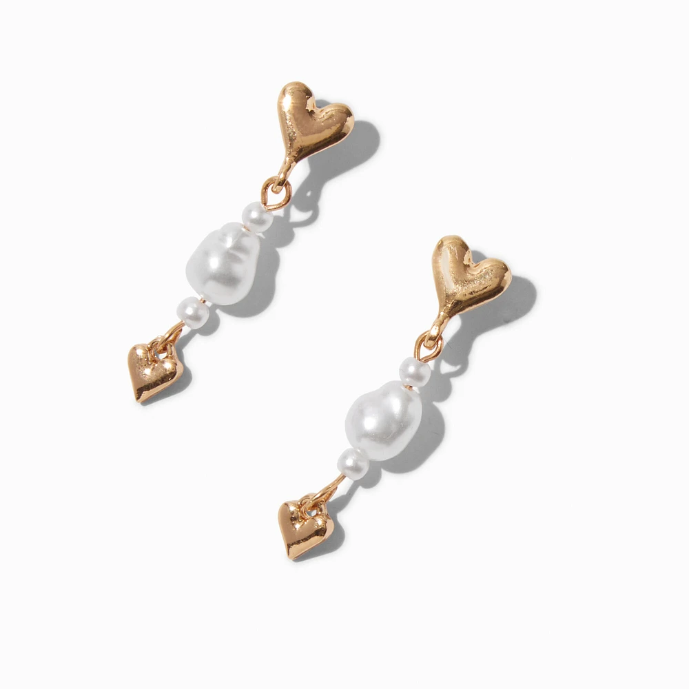 Gold-tone Heart Pearl Drop Earrings