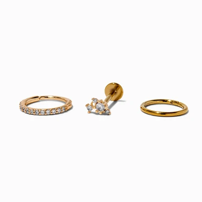 Gold-tone Stainless Steel Cubic Zirconia 18G Stud & Hoops Threadless Cartilage Earrings - 3 Pack