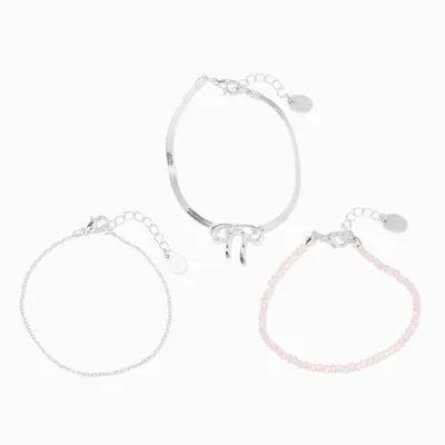 Silver Bow Pink Beaded Chain Bracelets - 3 Pack