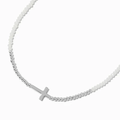 Silver-tone Cross Seed Bead Pendant Necklace