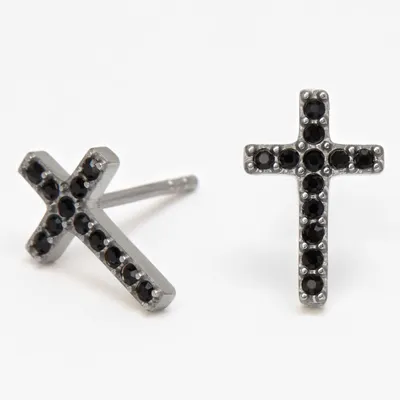 Black & Silver Titanium Crystal Cross Stud Earrings