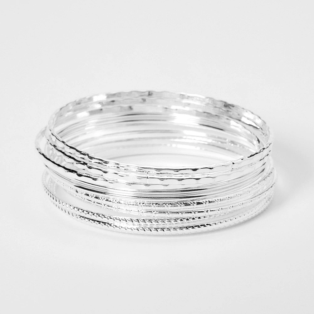 Silver-tone Textured Bangle Bracelets - 8 Pack