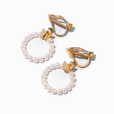 Gold-tone Butterfly Pearl 0.5" Clip-On Drop Earrings