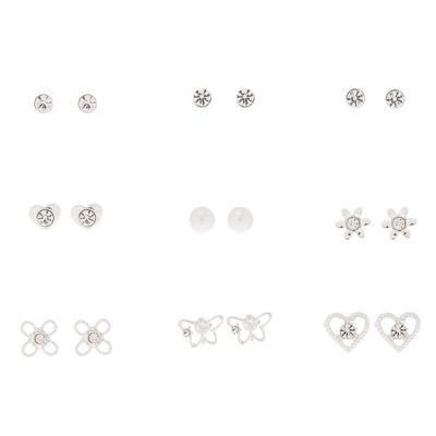 Silver Embellished Spring Mix Stud Earrings - 9 Pack