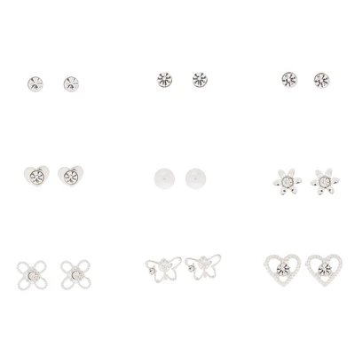 Silver-tone Embellished Spring Mix Stud Earrings - 9 Pack