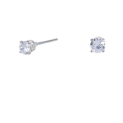 Silver-tone Cubic Zirconia 4MM Round Stud Earrings