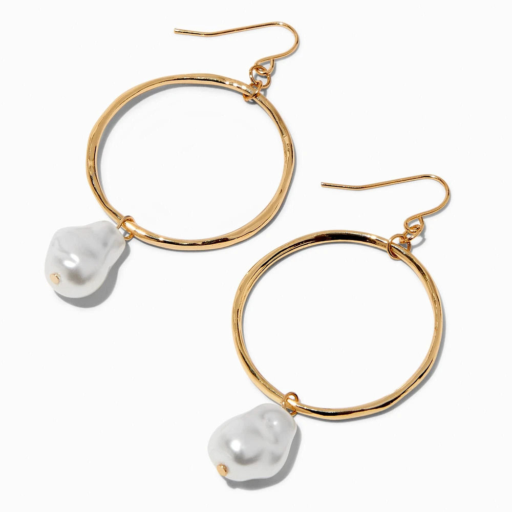 Gold-tone Circle Pearl 3" Drop Earrings