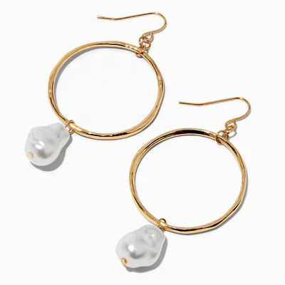 Gold-tone Circle Pearl 3" Drop Earrings