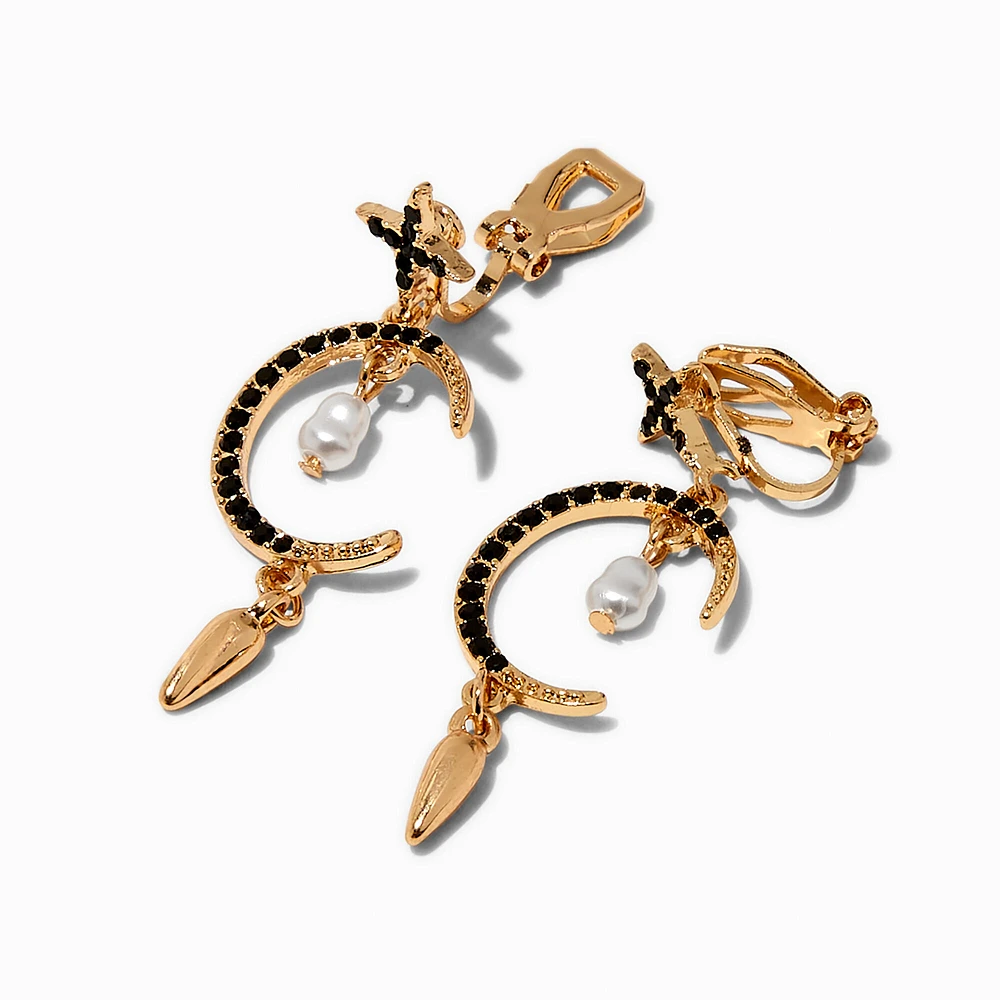 Gold-tone Cross Moon Dagger Clip-On Drop Earrings