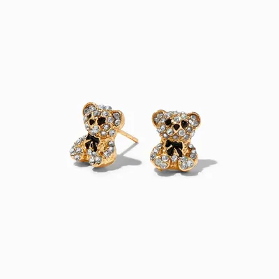 Gold Crystal Teddy Bear Stud Earrings
