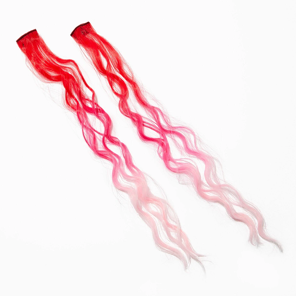 Red & Pink Ombré Curly Faux Hair Clip In Extensions - 2 Pack