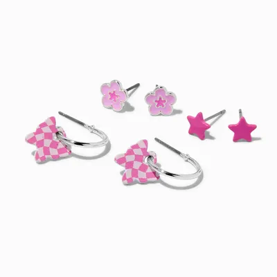 Pink Butterflies, Flowers, & Stars Mixed Earring Set - 3 Pack