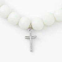 Silver Cross Beaded Stretch Bracelet - White