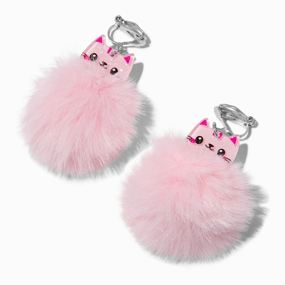 Pink Cat Pom Pom 1.5" Clip-On Drop Earrings