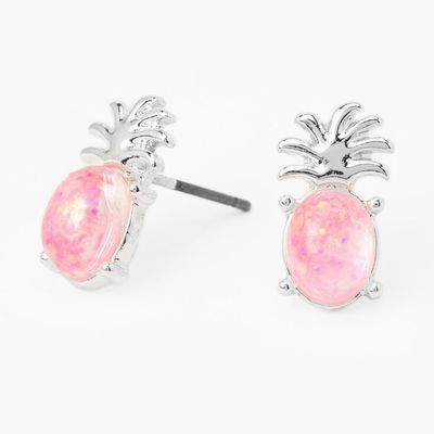 Silver Ombre Pineapple Stud Earrings - Pink
