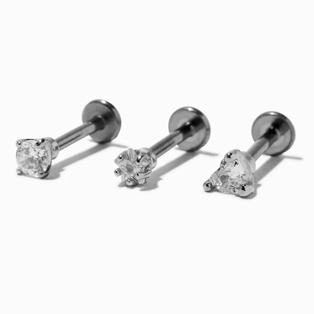 Silver Titanium 16G Mixed Crystal Tragus Flat Back Stud Earrings - 3 Pack