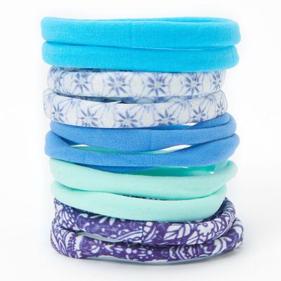 Mixed Pattern Rolled Hair Ties - Blue, 10 Pack