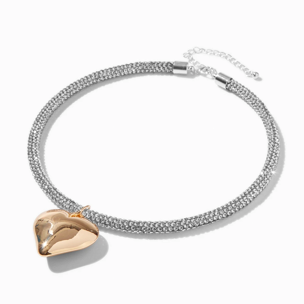 Mixed Metal Rhinestone Pavé with Puffy Heart Pendant Choker Necklace