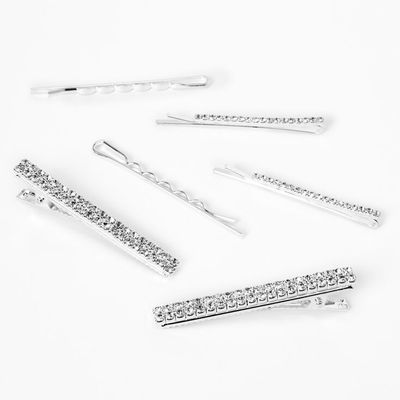 Silver Crystal Bobby Pins - 6 Pack