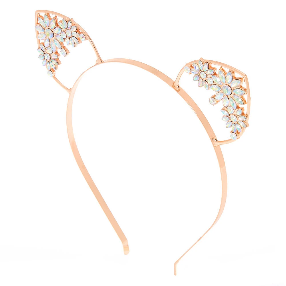 Rose Gold Floral Gem Cat Ears Headband