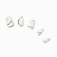 Gold Squiggle & Pearl Short Almond Vegan Faux Nail Set - 24 Pack