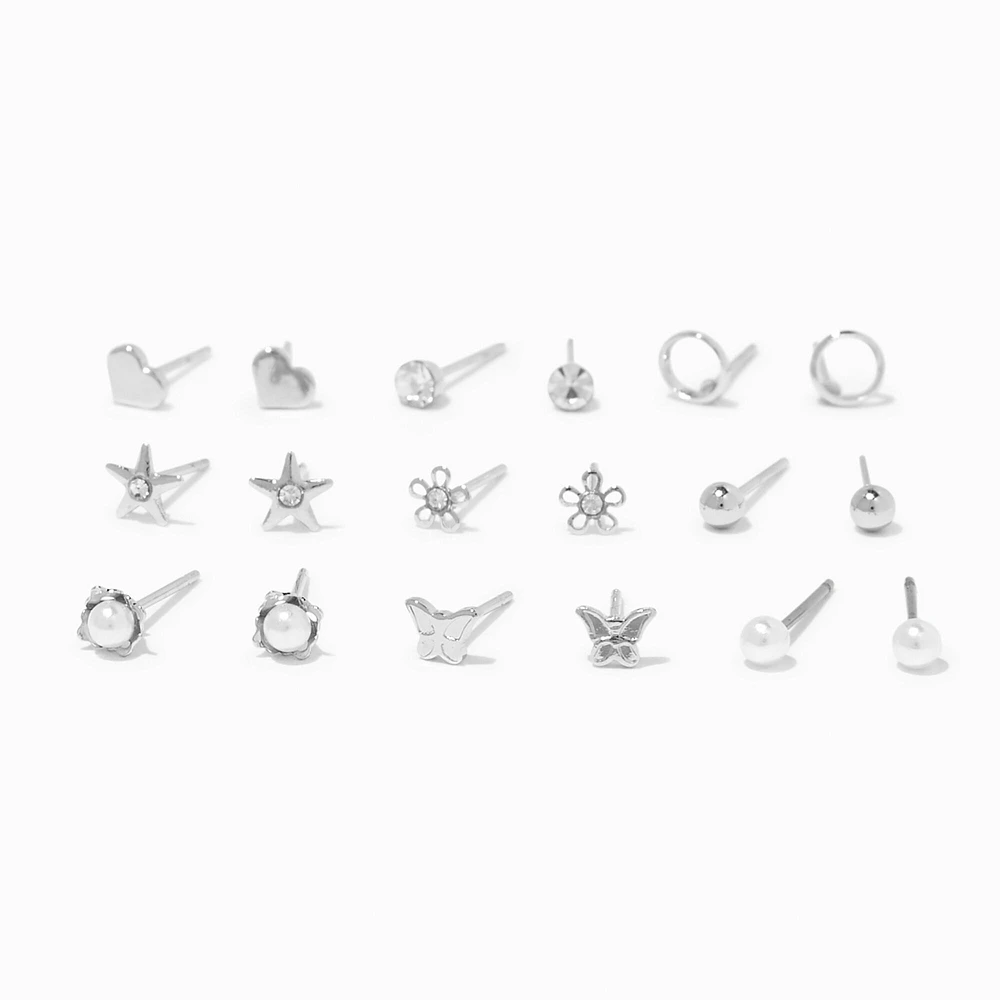 Silver-tone Pearl Floral Mixed Stud Earrings - 9 Pack