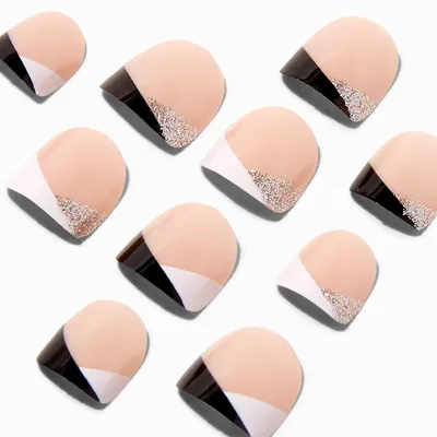 Claire's Club Black & White Glitter French Tip Vegan Press On Faux Nail Set - 10 Pack