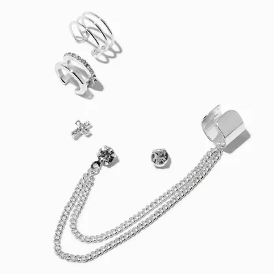 Silver-tone Cross Chain Ear Cuff Connector Stack Earrings