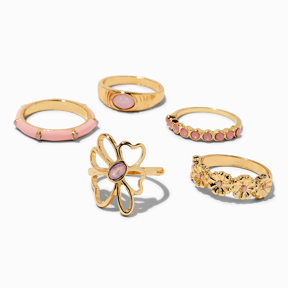 Blush Pink Flower Gold-tone Rings - 5 Pack