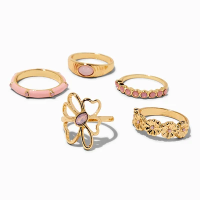 Blush Pink Flower Gold-tone Rings - 5 Pack