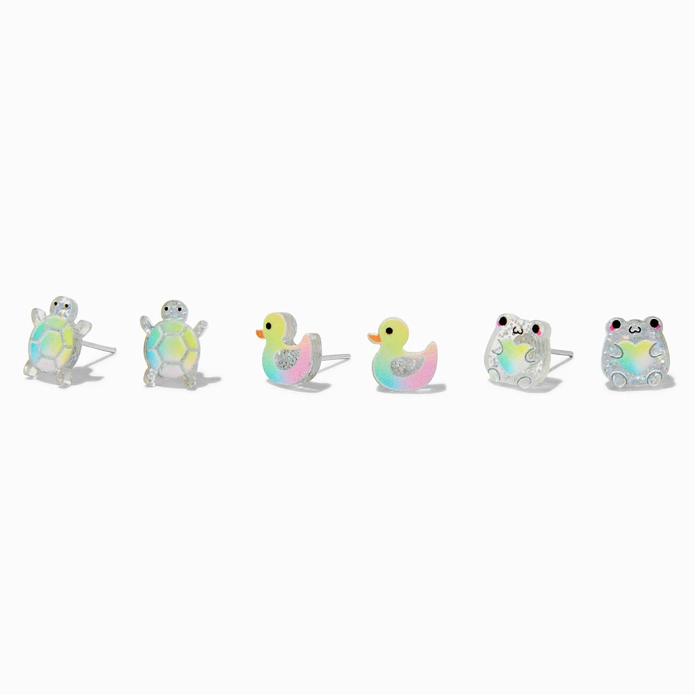 Iridescent Glitter Turtle, Frog, & Duck Stud Earrings - 3 Pack