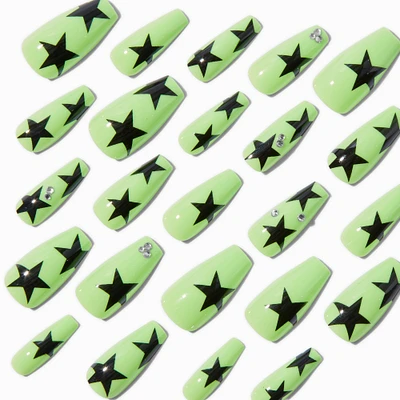 Black Stars & Bling Green Squareletto Vegan Faux Nail Set - 24 Pack