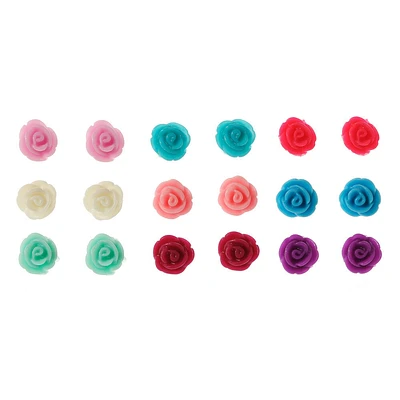 Cool Tone Carved Rose Stud Earrings - 9 Pack