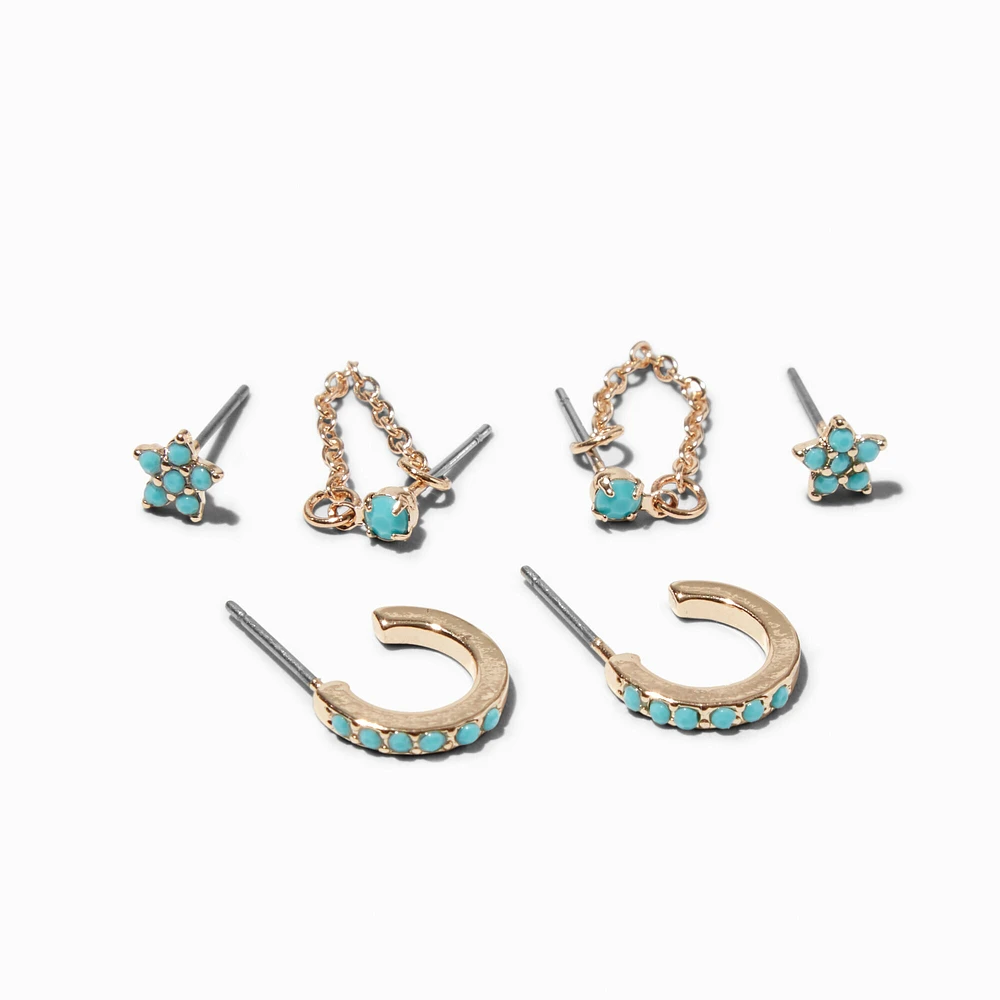 Gold-tone Turquoise Stars Earring Stackables Set - 3 Pack