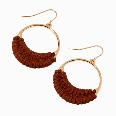 Brown Faux Suede Woven 1'' Gold Drop Earrings