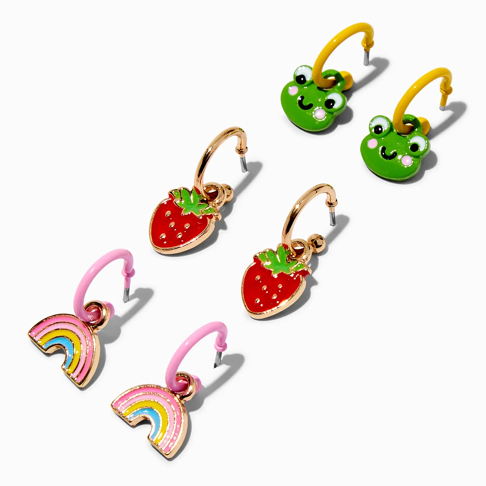 Rainbow, Strawberry, & Frog Enameled Hoop Earrings - 3 Pack