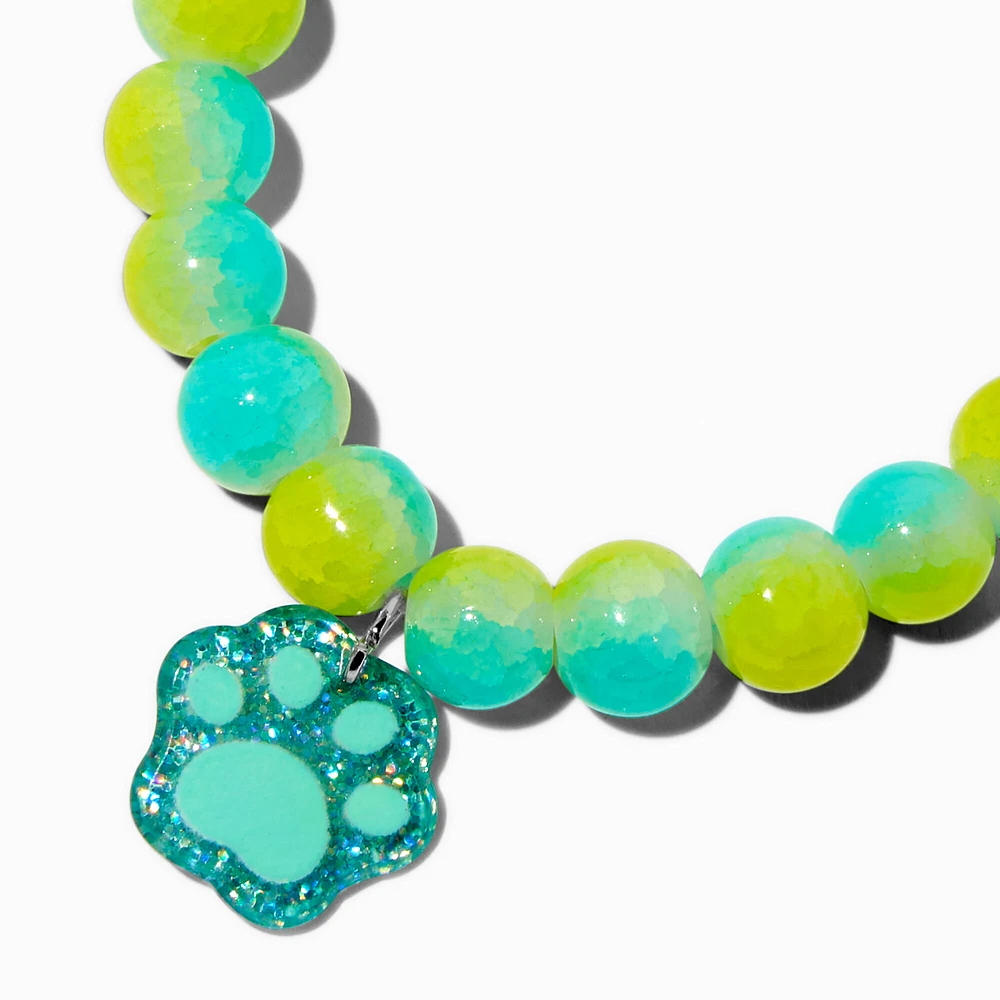 Glittery Paw Print Charm Beaded Stretch Bracelet