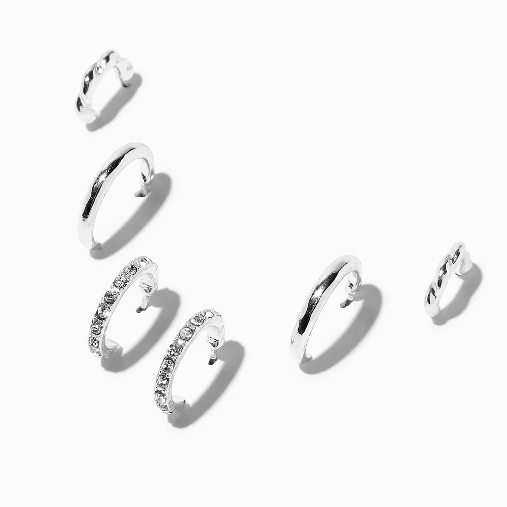 Silver-tone Graduated Embellished Huggie Hoop Earring Stackables Set - 3 Pack