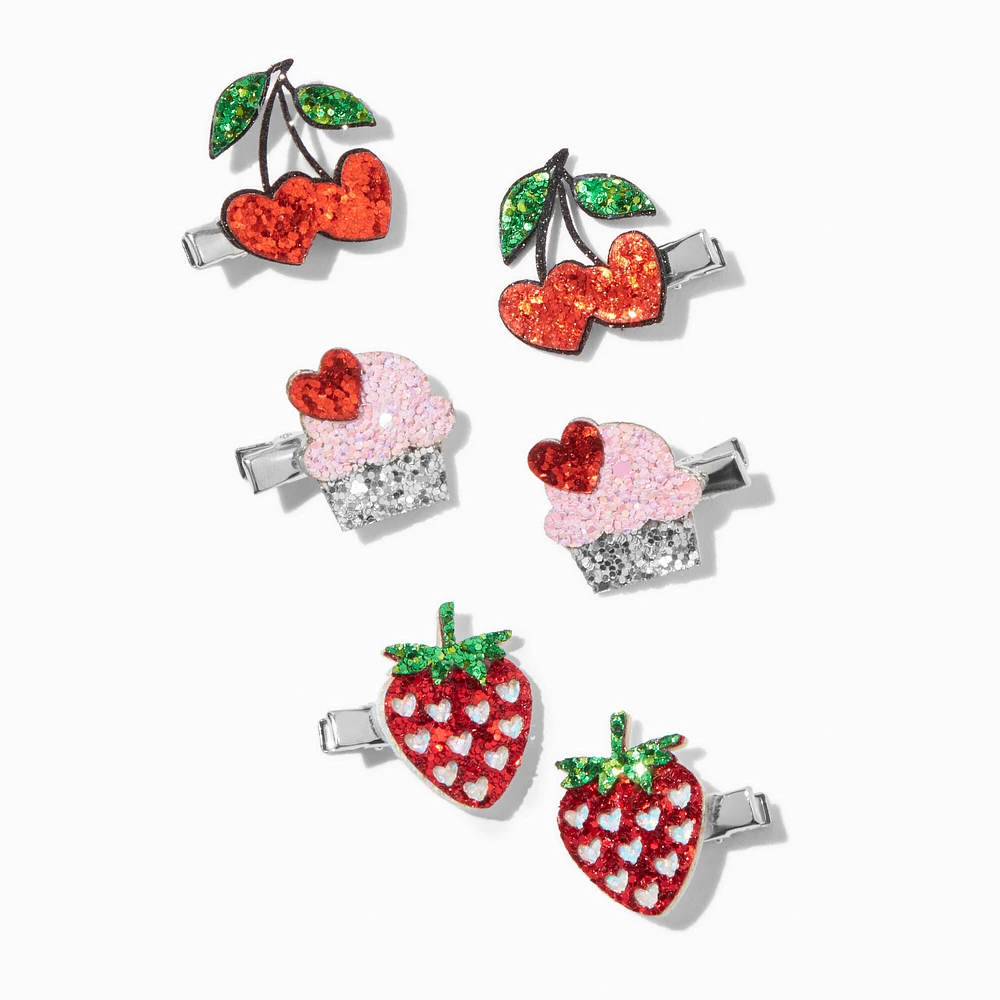 Valentine's Day Glitter Dessert Fruit Hair Clips - 6 Pack