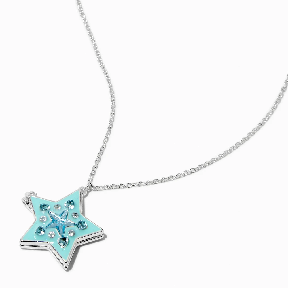 Glow In The Dark Blue Mosaic Star Locket Pendant Necklace