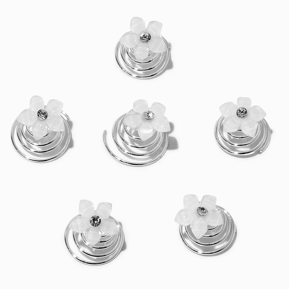 Silver-tone Crystal Floral Hair Spinners - 6 Pack