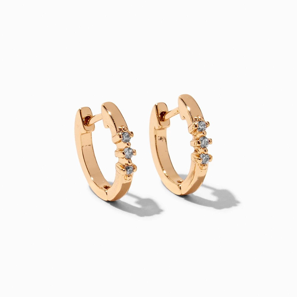 Gold-tone Cubic Zirconia Three-Stone 10mm Huggie Hoop Earrings