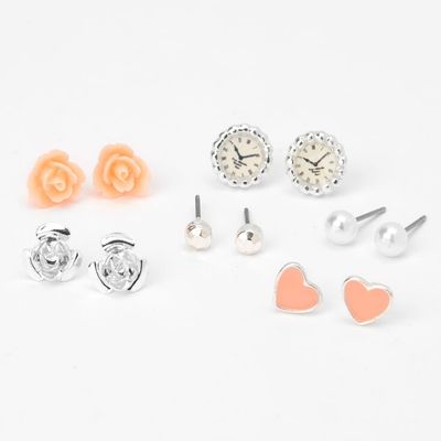 Silver Rose Pearl Stud Earrings - Pink, 6 Pack